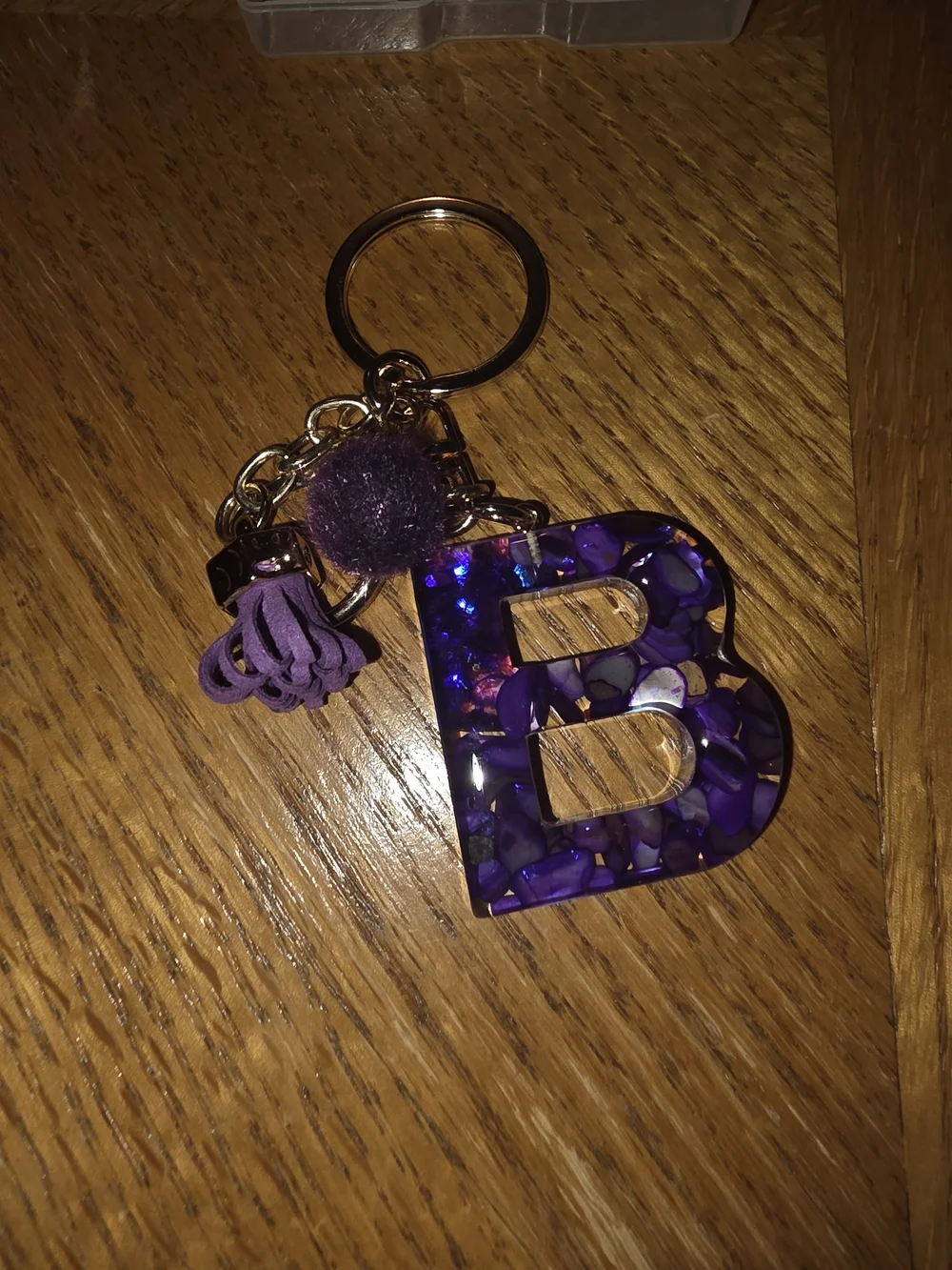Gold-Tone Purple 'B' Initial Keychain Charm with Tassel and Heart